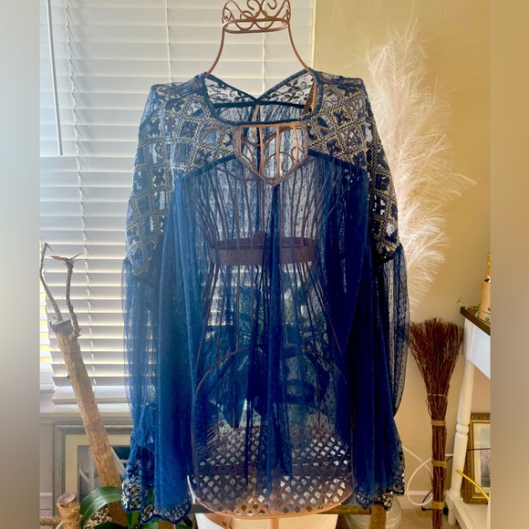 Free People Sheer Top Navy Blue - Picture 3 of 8